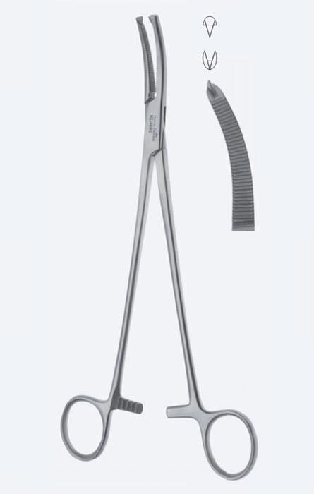 Зажими для гістеректомії, Wertheim, вигнуті, зубчасті щелепи, зубці 2 х 1, з кремальєрою, загальна довжина 225 мм. Бренд - Asanus Medizintechnik Gmb, Німеччина